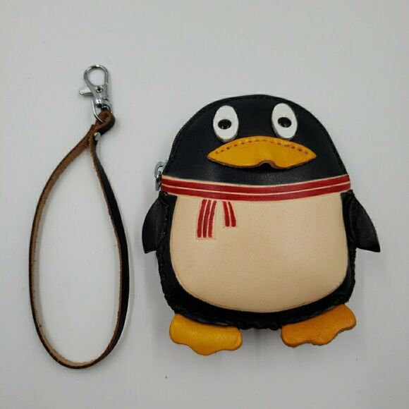 Hand Made Embossed Genuine Leather Penguin Coin Purse Wristlet Wallet Pouch - Picture 2 of 11